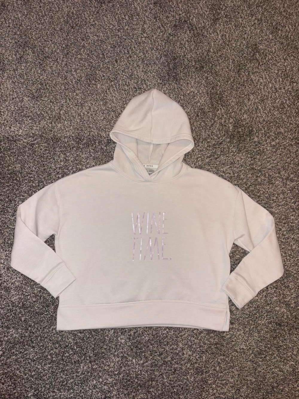 Rae Dunn white hoodie with purple glitter text